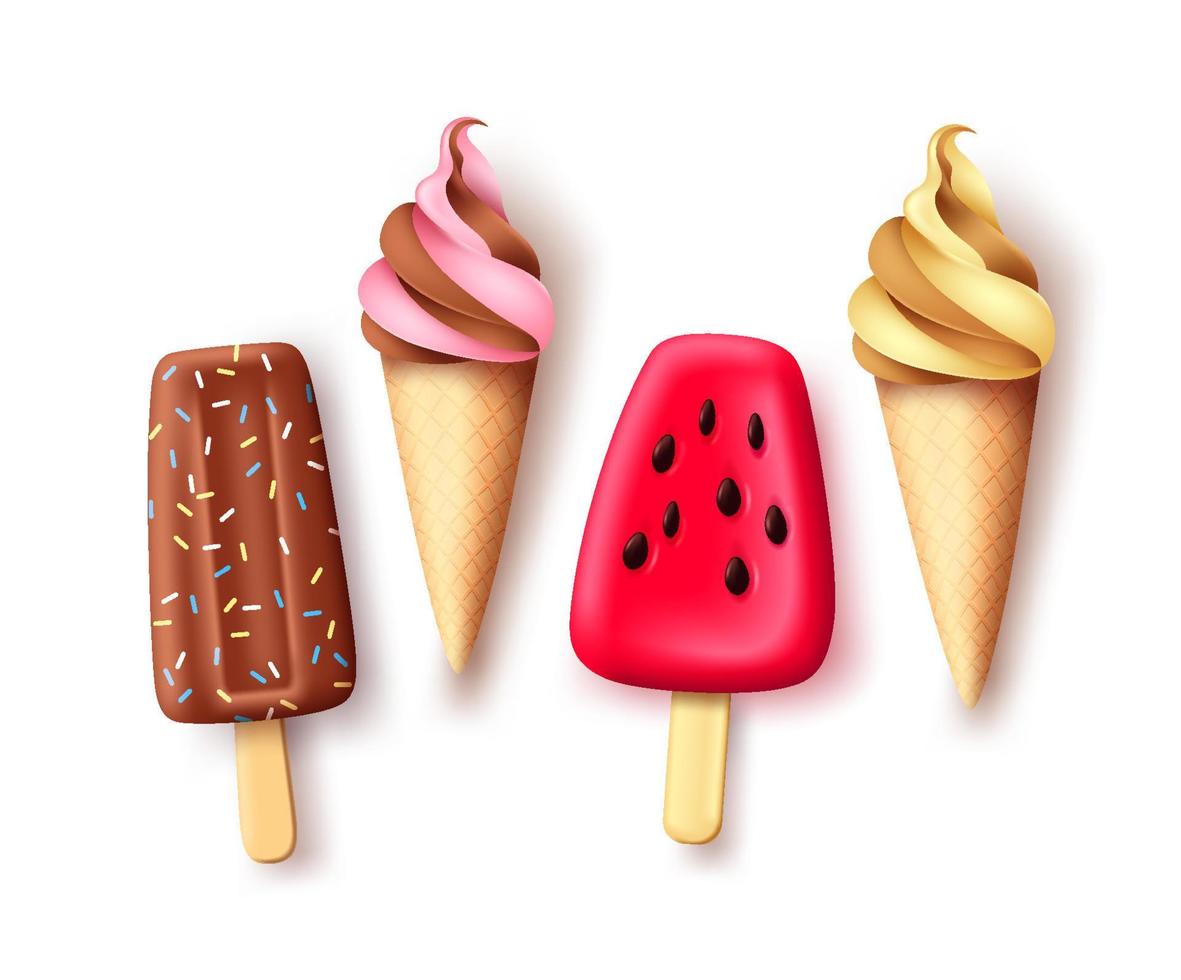 Summer ice cream and popsicle vector set. Tropical refreshment food collection with delicious flavor isolated in white background for hot season refresh. Vector illustration.