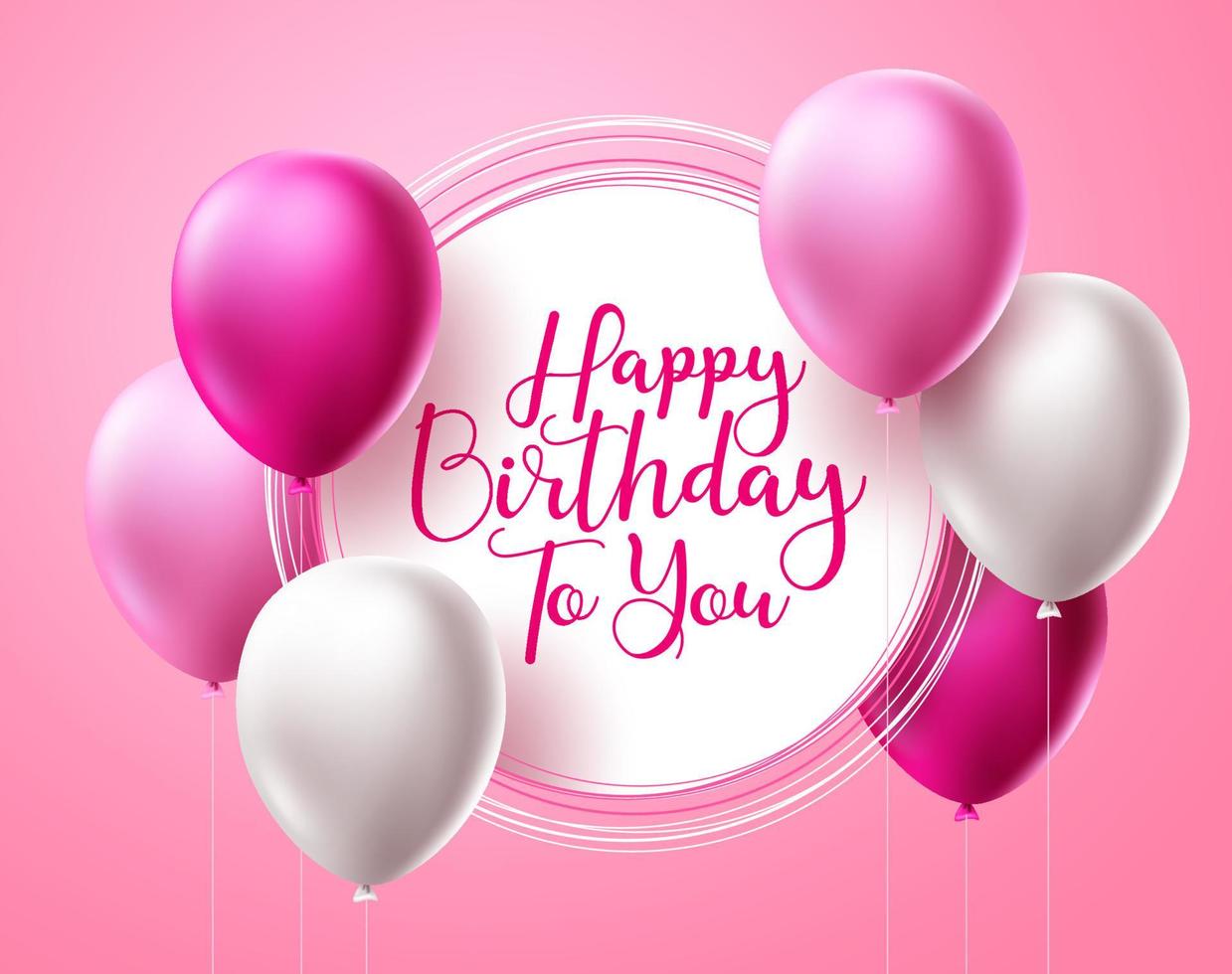 Happy birthday vector template design. Birthday greeting text in white frame space with balloon elements for party celebration and invitation card in pink background. Vector illustration.