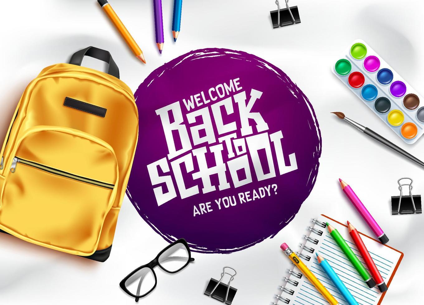 Back to school vector template design. Welcome back to school in empty space for text with educational items like backpack, water color, eyeglasses.
