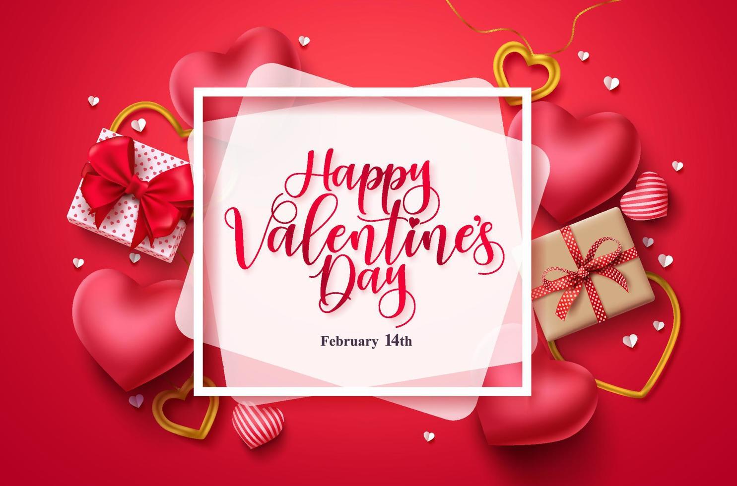 Happy valentines day vector background template. Valentines greeting typography in white space for text with hearts, gifts, and jewelry elements. Vector Illustration