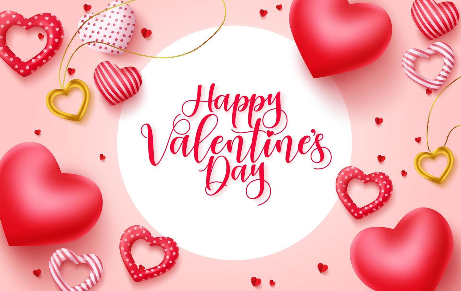 Valentines day vector greeting banner. Happy valentines day typography in white circle space for text with valentine elements like hearts and jewelry in pink background. Vector Illustration