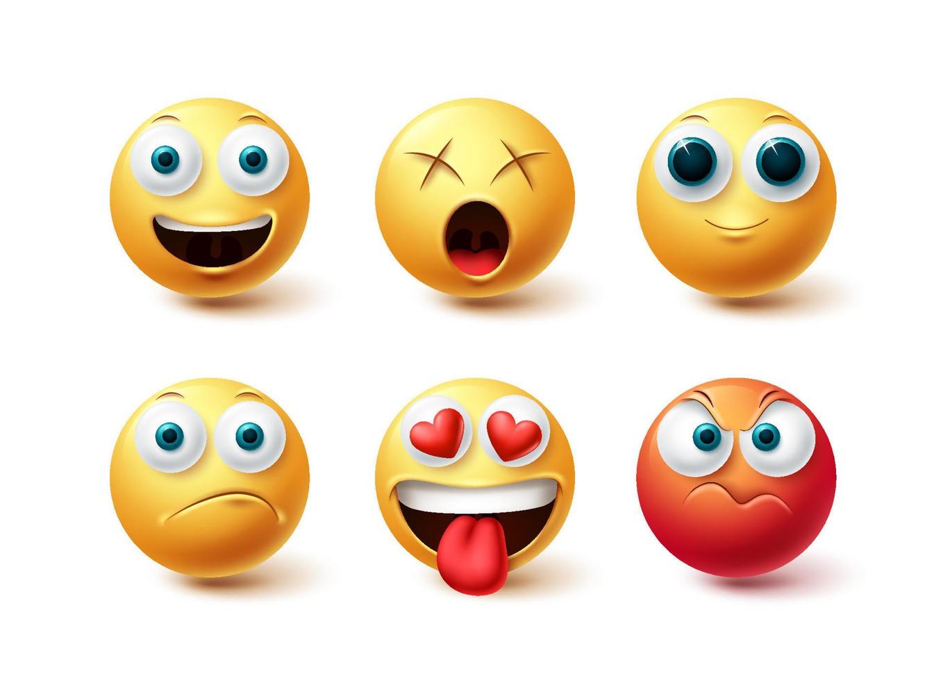 Emoji vector set. Emoticon happy, angry, in love and dizzy icon collection isolated in white background for graphic design elements. Vector illustration