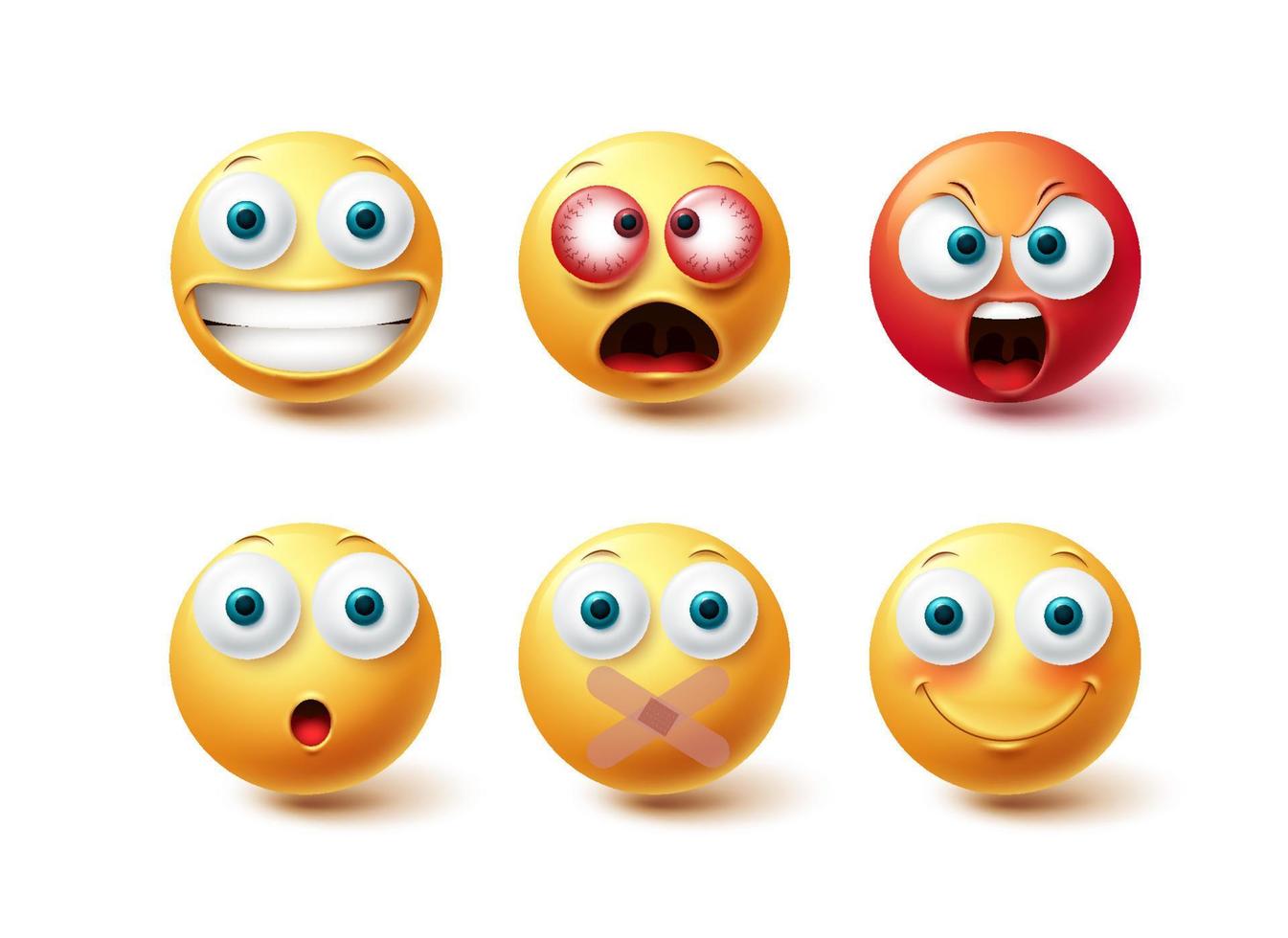 Emoji vector set. Emoticon happy, angry and silent yellow and red icon collection isolated in white background for graphic design elements. Vector illustration