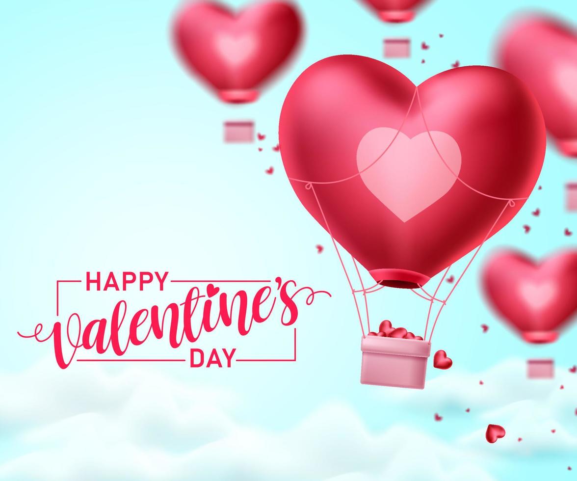 Happy valentines day heart balloon vector design. Valentines day greeting text with heart air balloon elements flying in blurred blue sky background. Vector Illustration.