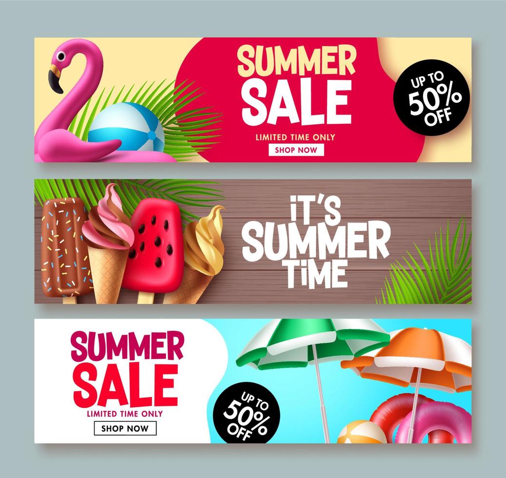 Summer sale vector banner design. Summer promotion flyer set for special promo seasonal discount design. Vector illustration.