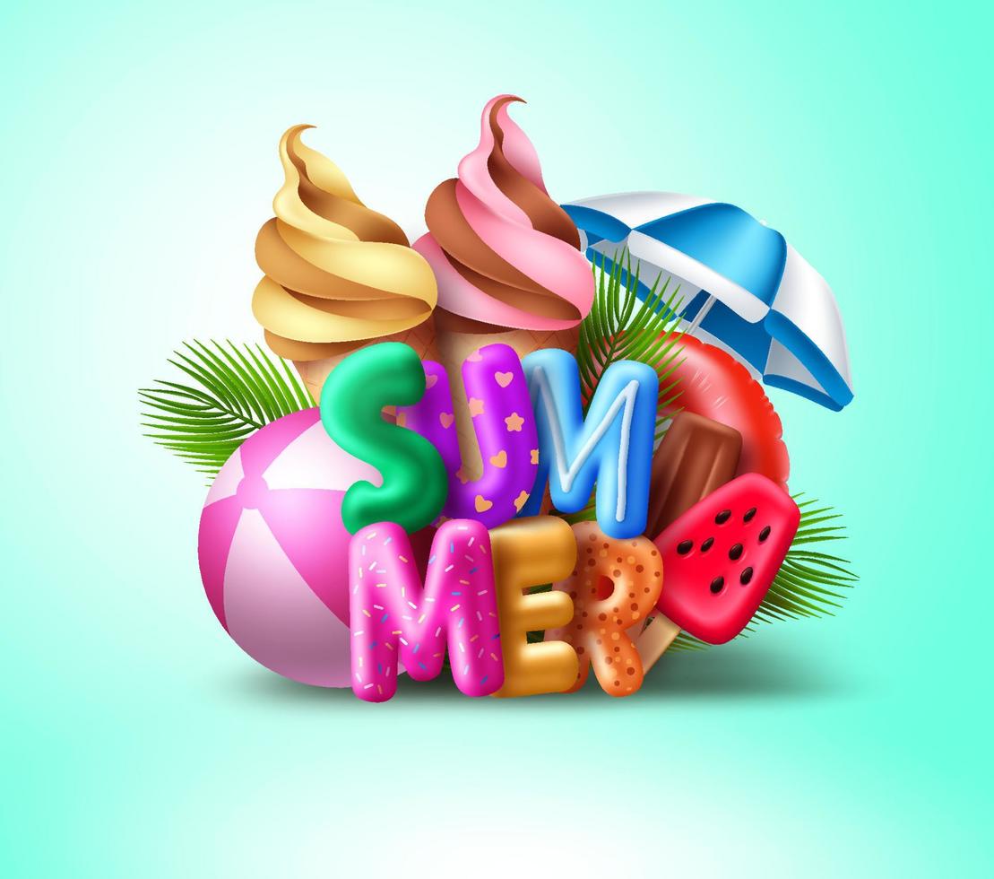 diseño de concepto de vector de verano. texto 3d de verano con elementos coloridos de playa como helado, paleta, flotador y pelota de playa para la temporada tropical de vacaciones. ilustración vectorial.
