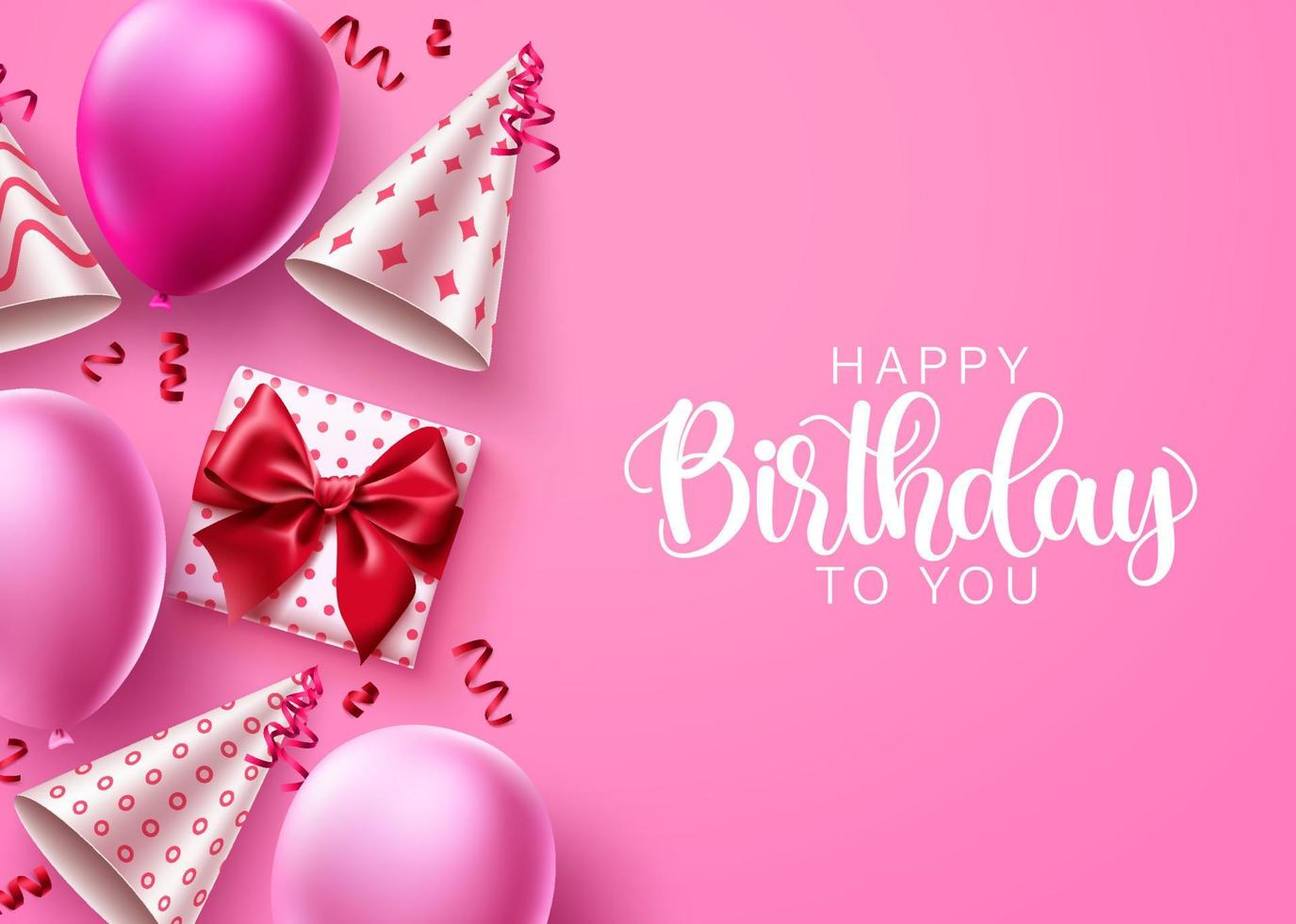 Happy birthday vector background design. Birthday greeting text in pink space with balloons, gifts and confetti elements for party celebrations and decoration. Vector illustration.