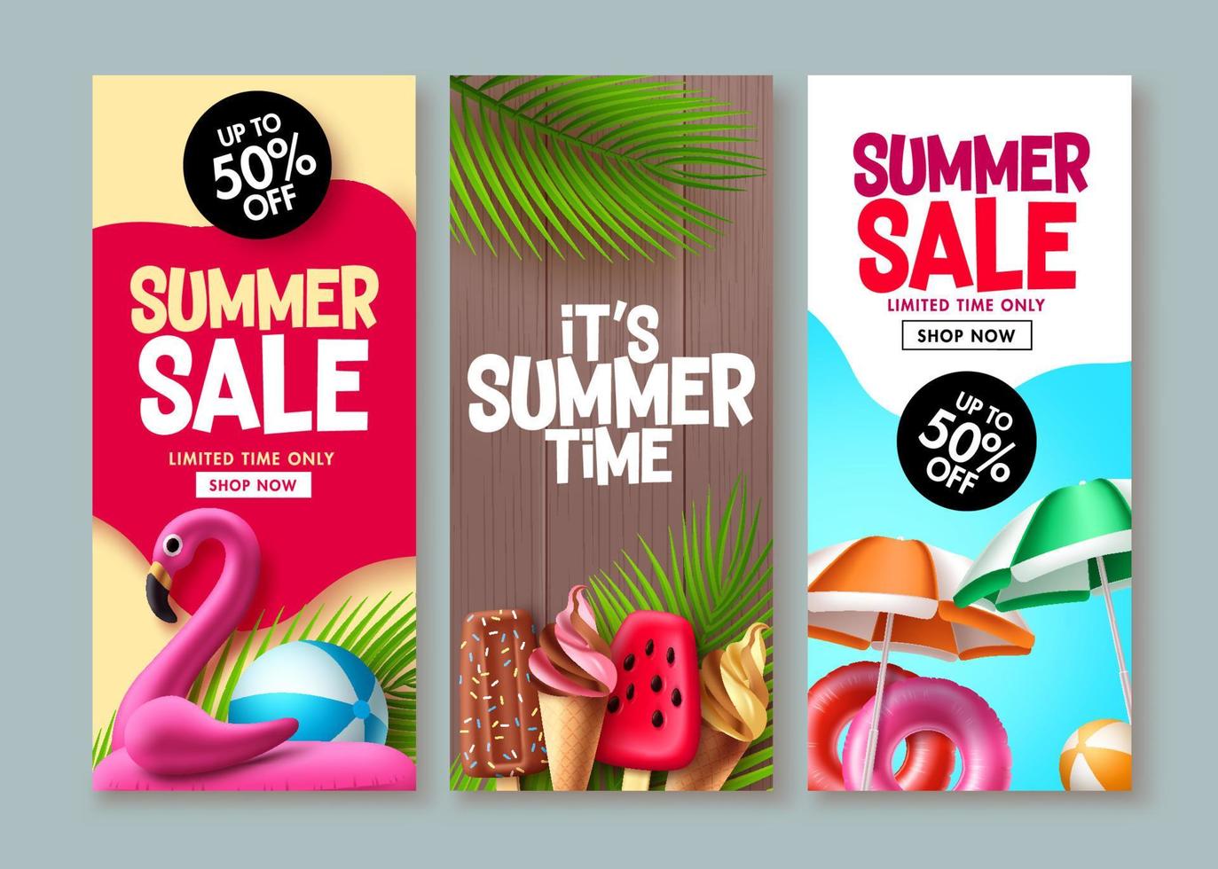 Summer sale vector poster design. Summer promotion flyer set for special promo shopping coupon sale design. Vector illustration.