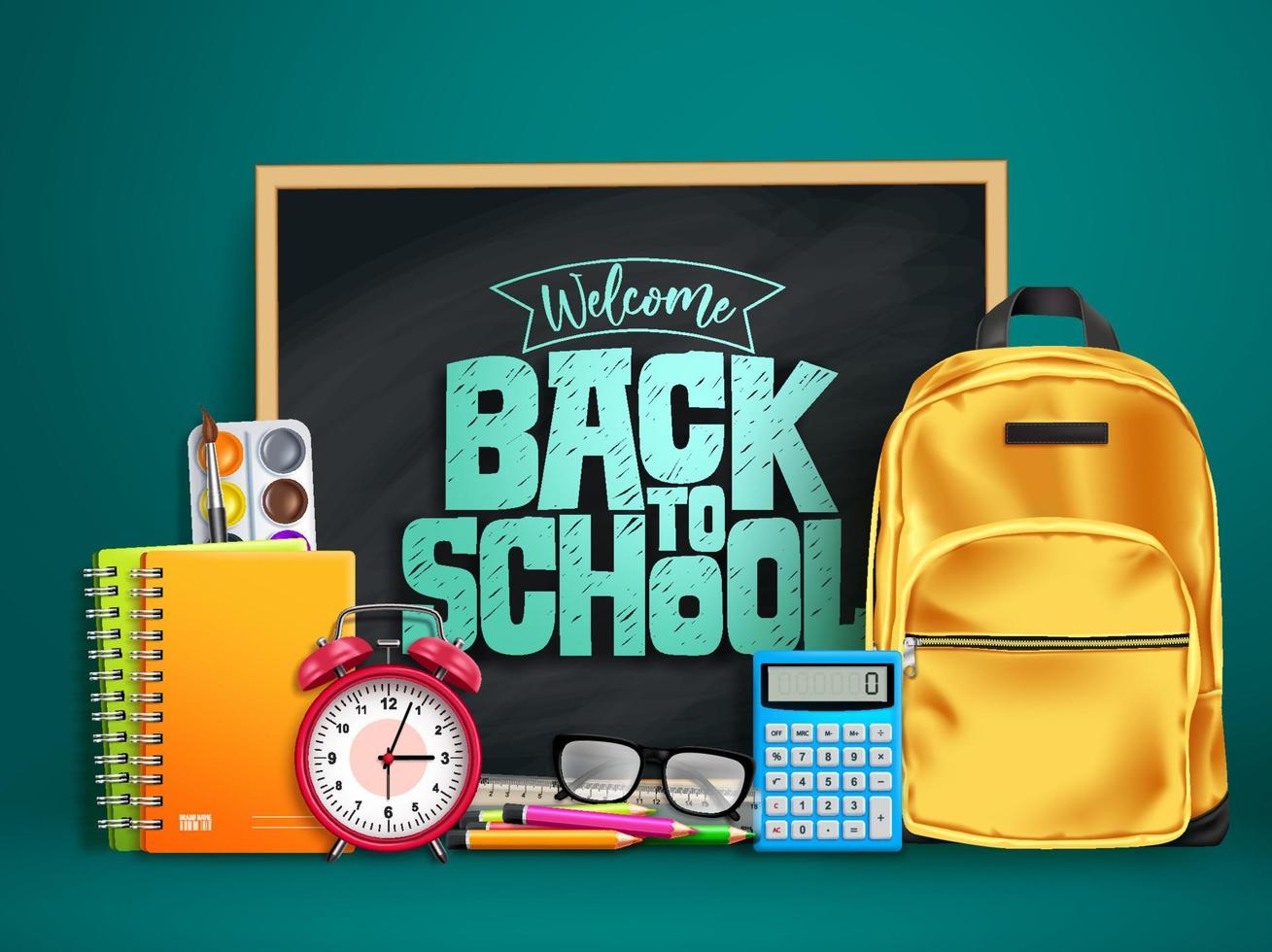 Premium Vector  School bag with student education supplies of welcome back  to school. backpack with books, calculator and globe, paint, brush and  flasks, scissors, glue and alarm clock, glue and ball