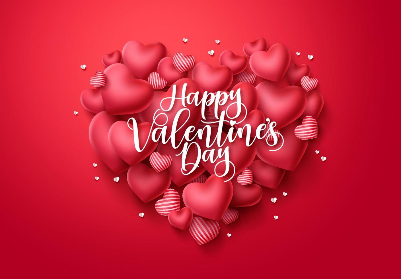 tarjeta de felicitación del vector de los corazones del día de San Valentín. Feliz día de San Valentín texto con elementos en forma de corazón en fondo rojo. ilustración vectorial.