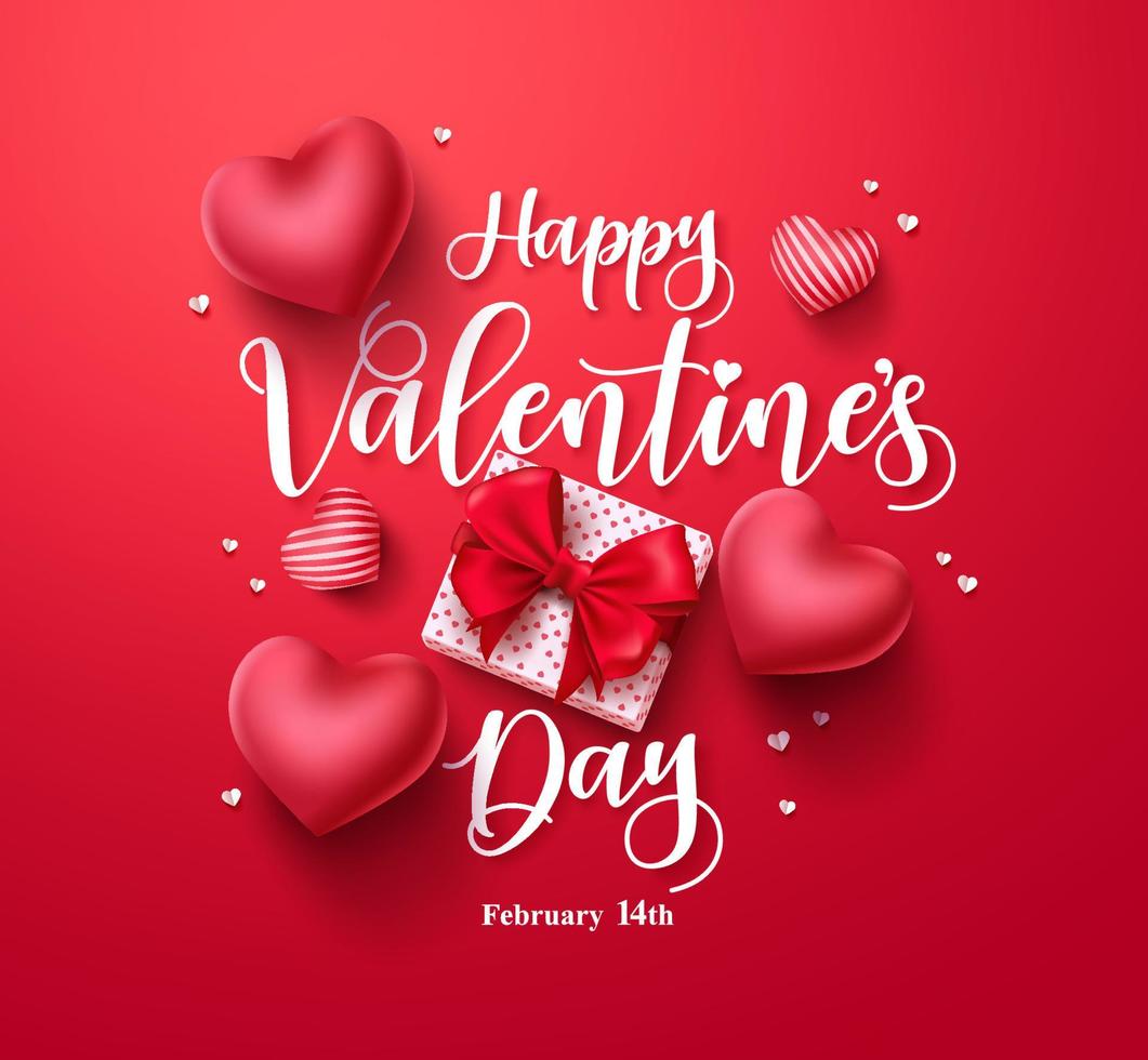 Tarjeta de felicitación de banner de vector de feliz día de San Valentín con elementos de San Valentín como regalo y diseño de corazones en fondo rojo. ilustración vectorial