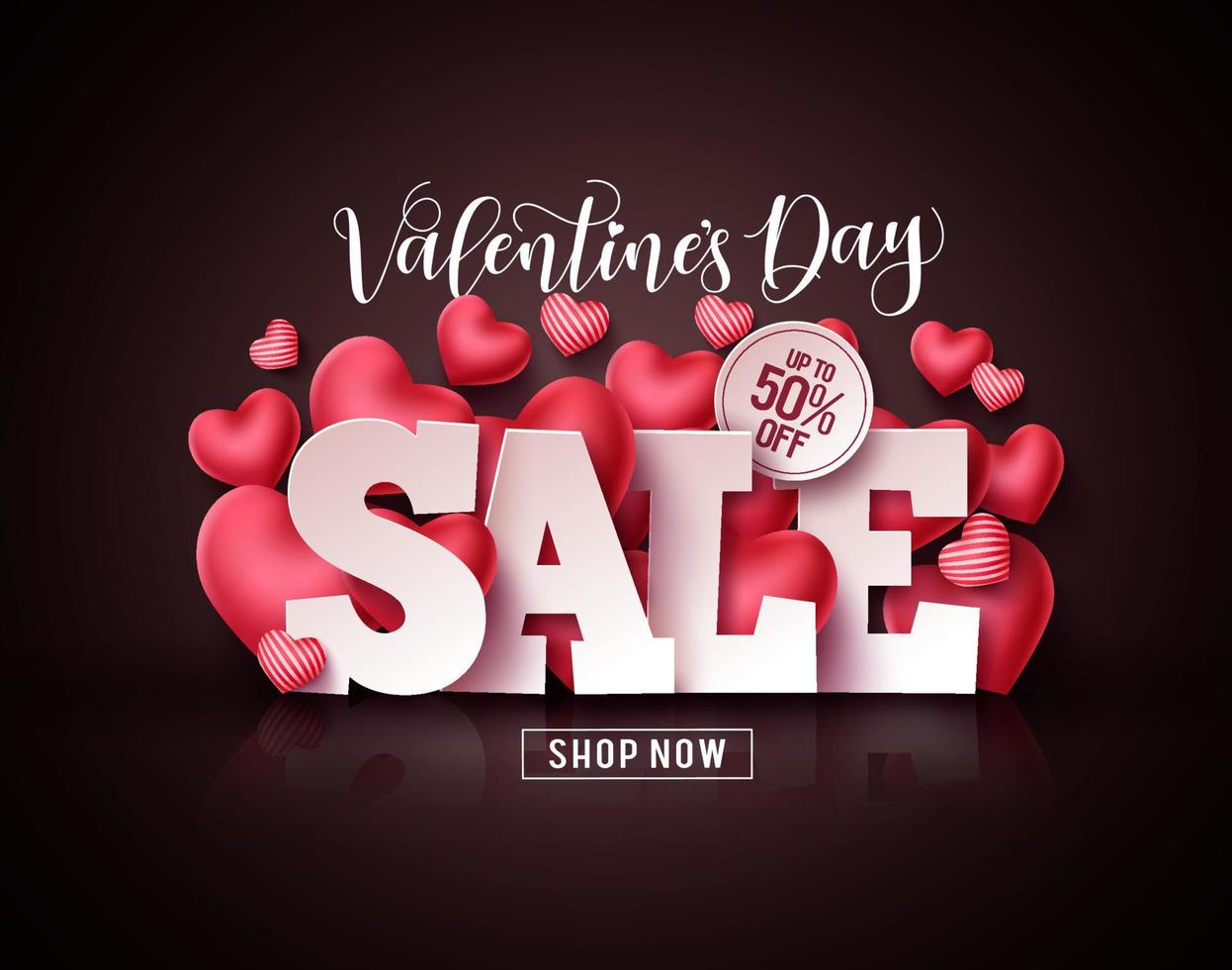 banner de vector de venta de día de San Valentín. texto 3d de descuento del día de San Valentín con elementos de corazones en fondo negro. ilustración vectorial.