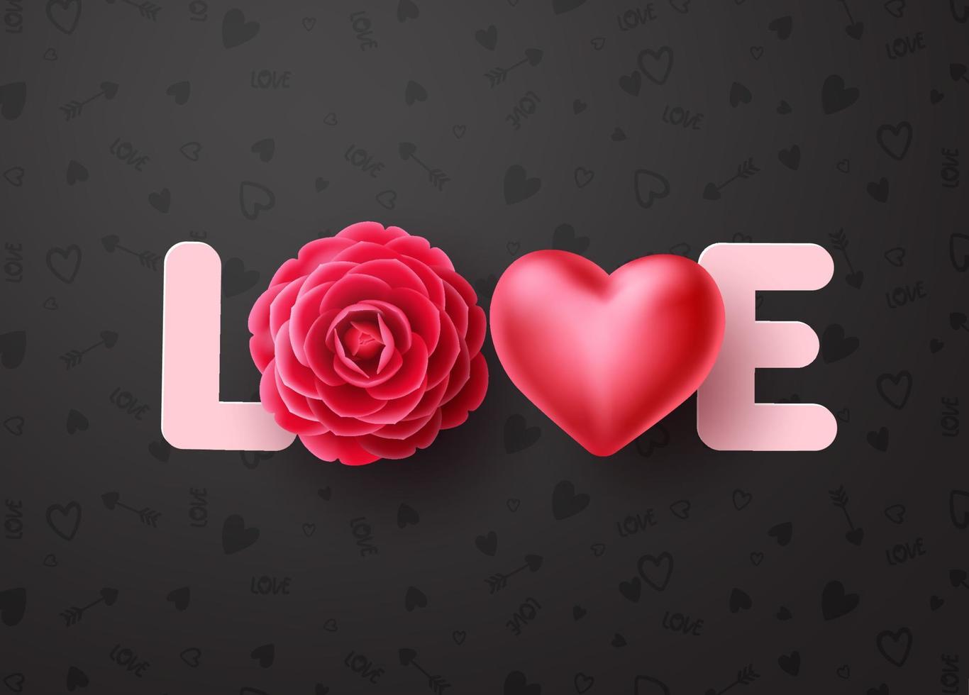 Love vector concept design. Love 3d text with dahlia or rose flower and heart elements for valentines day and wedding celebration in black pattern background. Vector illustration