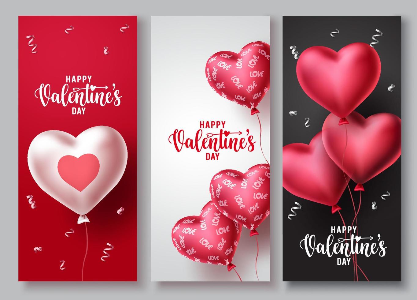 Conjunto de fondo de cartel de vector de feliz día de San Valentín. Colección de fondo de texto de saludo de San Valentín con globos en forma de corazones y elementos de patrones. ilustración vectorial.