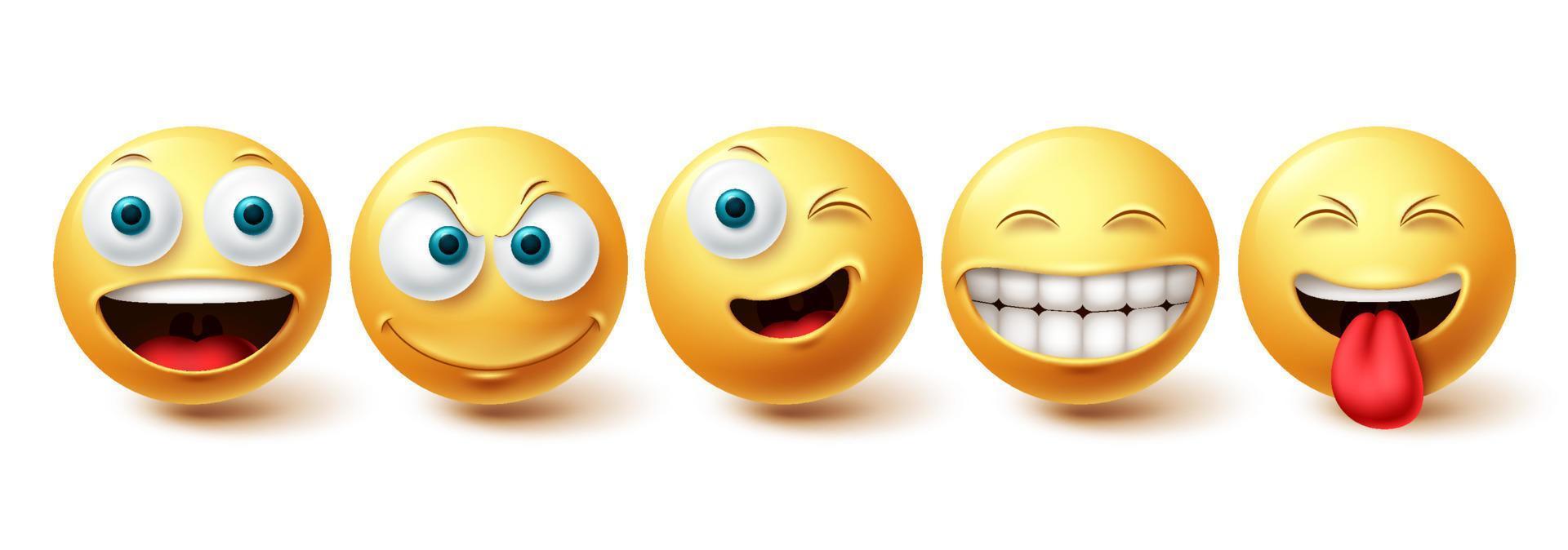 Emoji happy vector set. Emojis face yellow emoticon with funny, winking and naughty facial expressions isolated in white background for design elements. Vector illustration