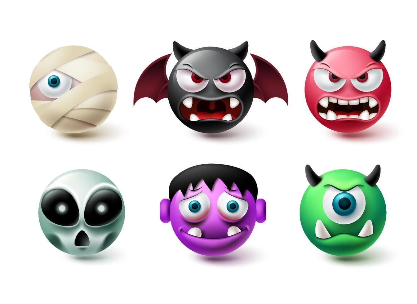 Halloween emoji vector set. Emojis horror character icon collection isolated in white background for graphic design elements. Vector illustration