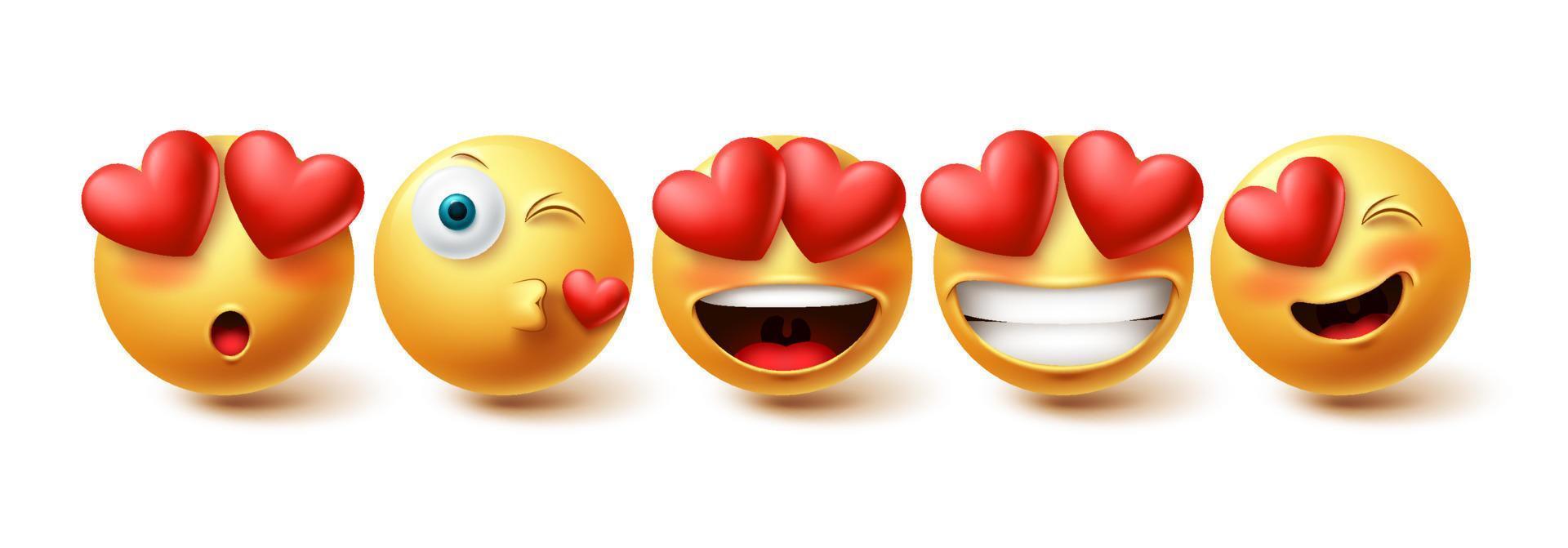 emoji enamorado conjunto de vectores de cara. colección de emojis en besos, enamorados y expresiones faciales felices aisladas en fondo blanco para elementos de diseño de emoticonos. ilustración vectorial