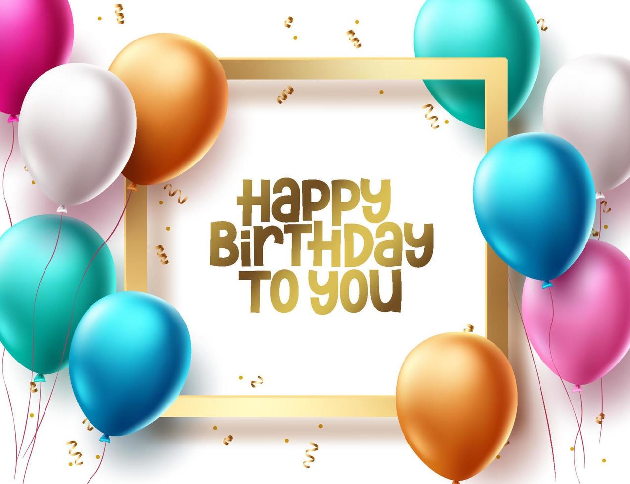 Happy birthday vector template design. Birthday greeting text in gold frame space with balloons and confetti elements for party celebrations and decoration. Vector illustration.