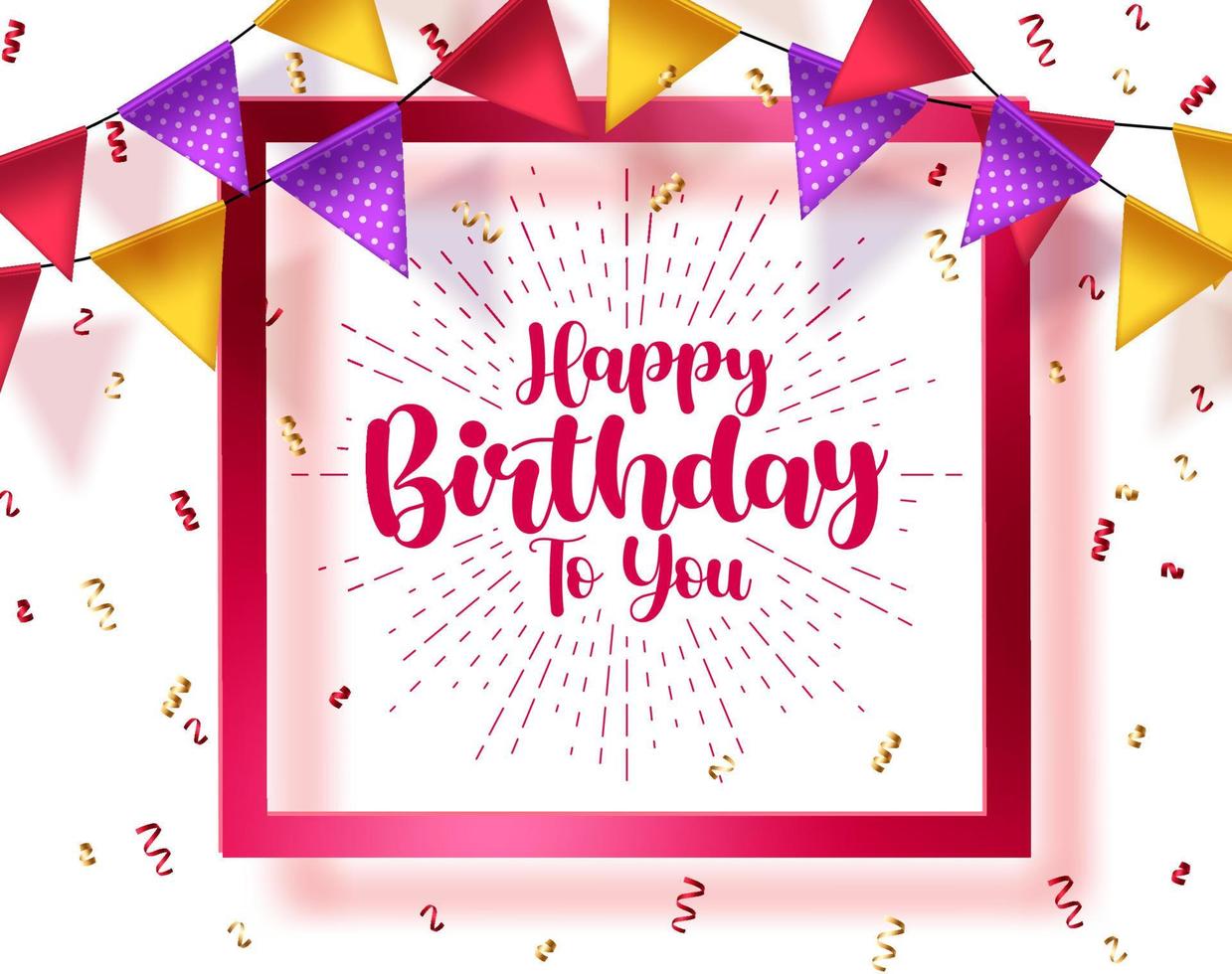 Happy birthday vector template design. Birthday greeting text in red frame space with streamer elements for party celebration and invitation card in white background. Vector illustration.