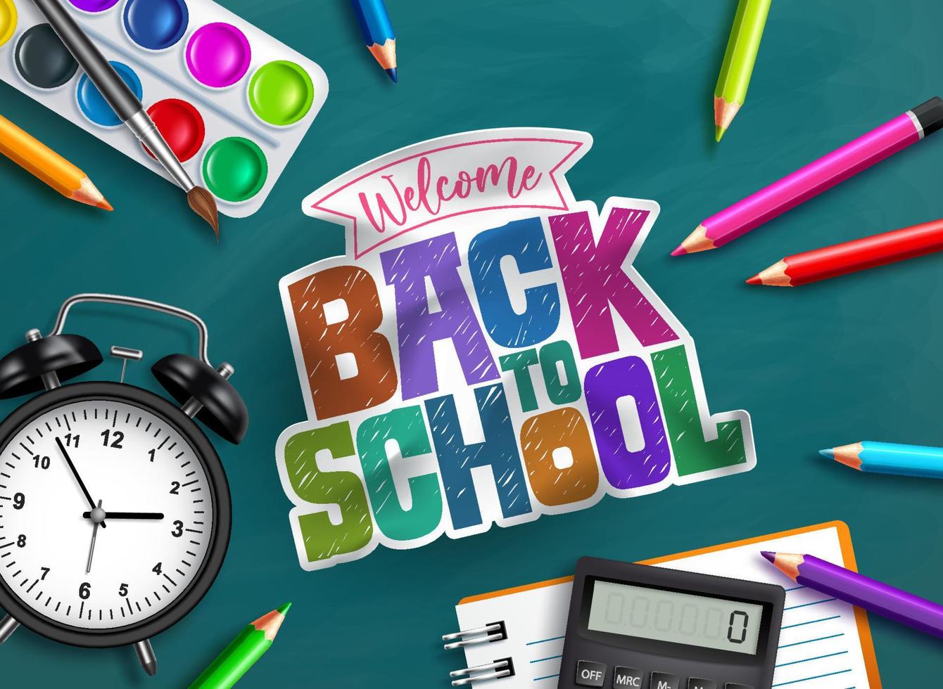 Back to school vector background design. Welcome back to school text with educational supplies like alarm clock, water color, notebook and color pencil in chalkboard background. Vector illustration