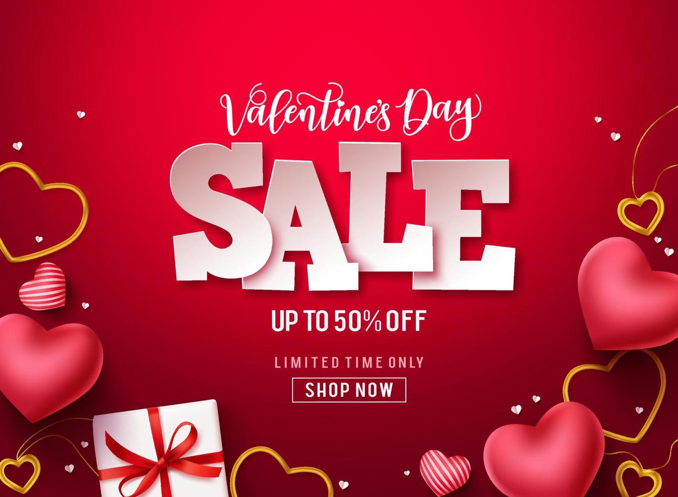 Valentines day sale vector banner. Valentines day sale discount text with hearts, gifts and jewelry elements in red background for valentines day discount promotion. Vector illustration.