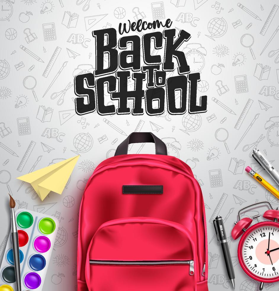 Back to school vector background design. Welcome back to school in empty space for text with educational items like bag, water color, alarm clock and pen in pattern background. Vector illustration