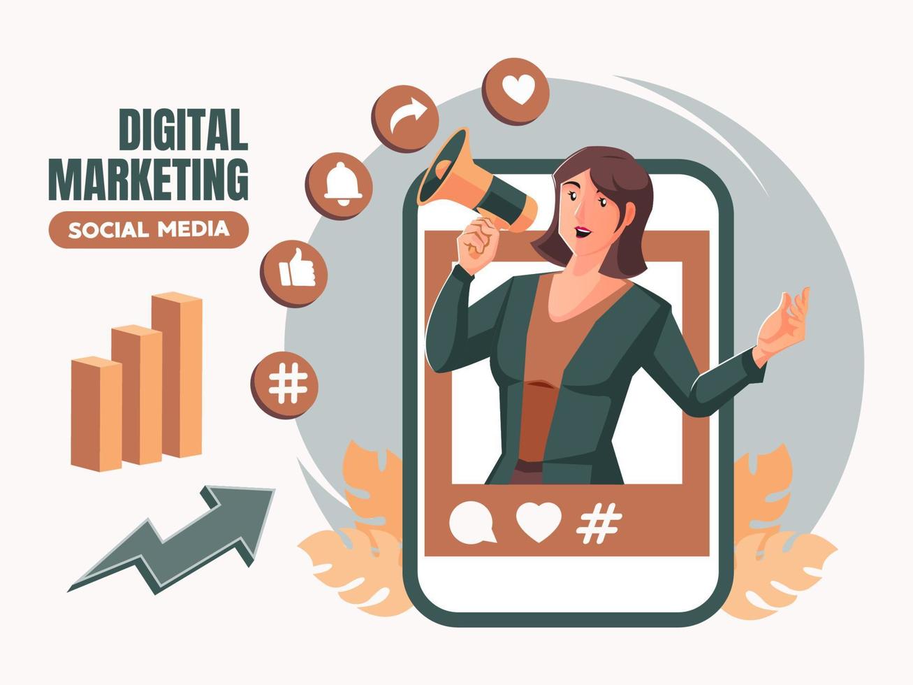 Digital marketing social media concept with woman holding megaphone vector