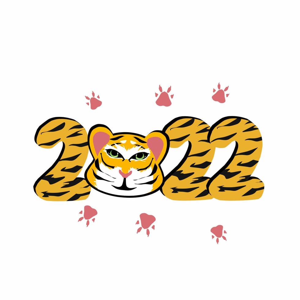 Happy new year lunar tiger head and paw, 2022 typography text. vector