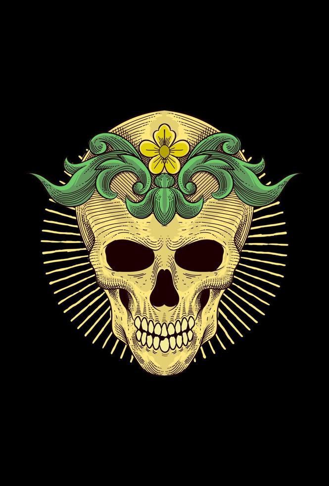 Human skull with flower artwork illustration vector