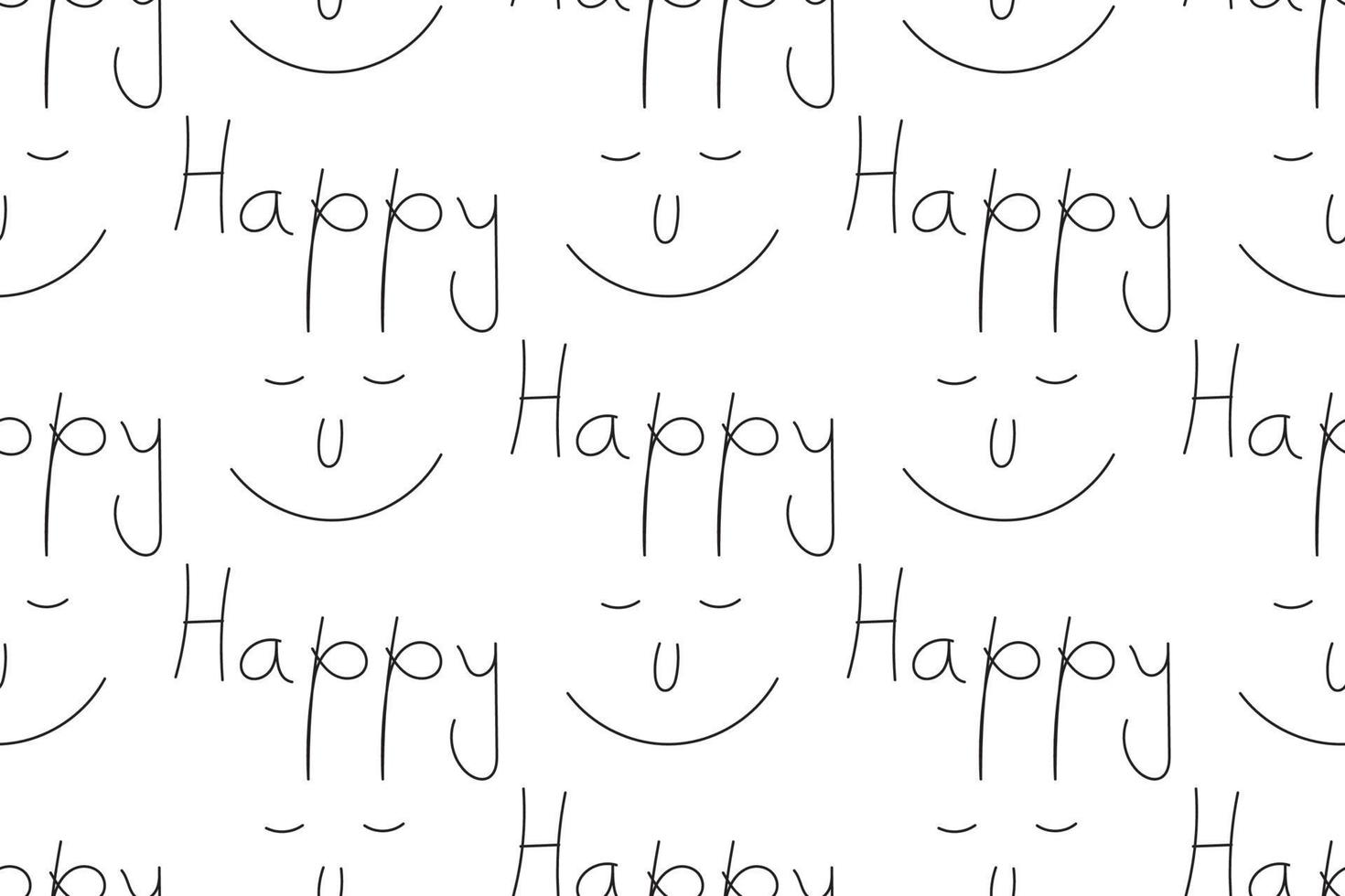Seamless pattern with happy writing letters and smiley face symbols, black and white color background. Vector illustration.