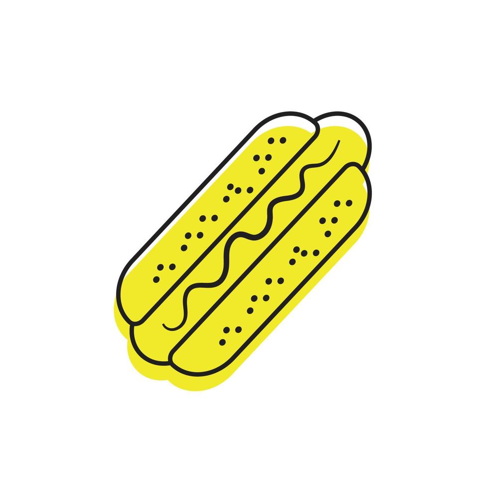 Hot dog icon. Bun with fried sausage, isolated on white background. Vector contour fast food sign in line art style. Fast food logo. Hotdog template.