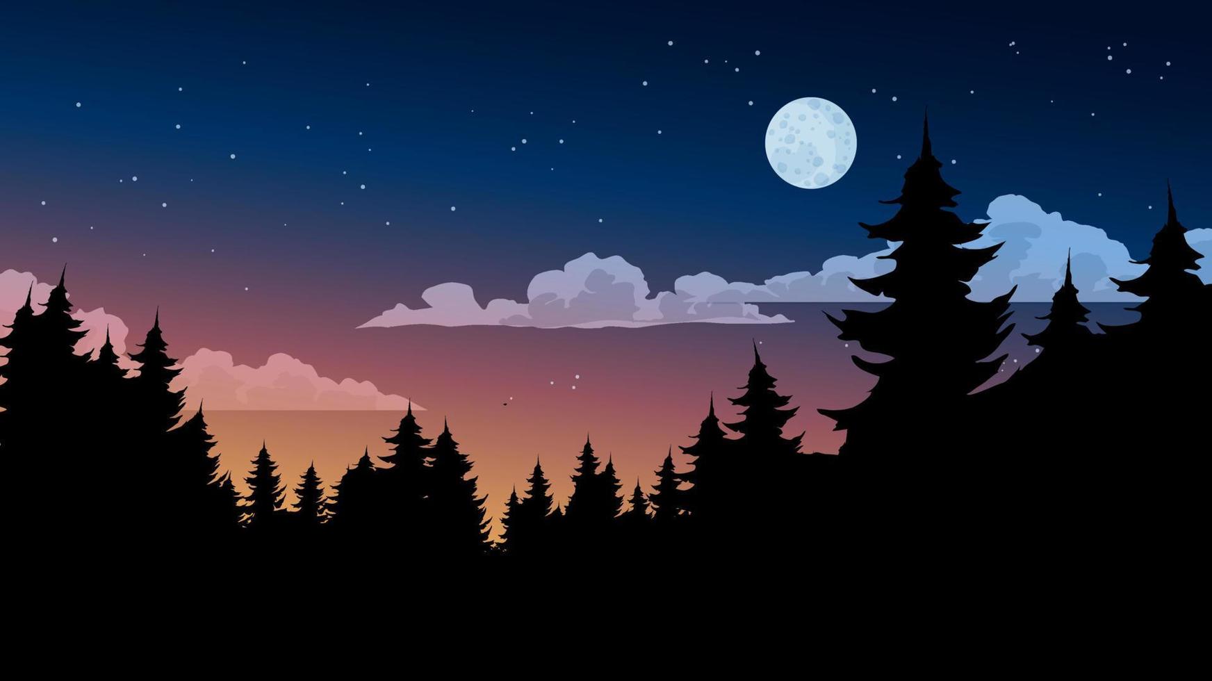 hermoso bosque horizonte nocturno. silueta de pino y luz de la luna vector