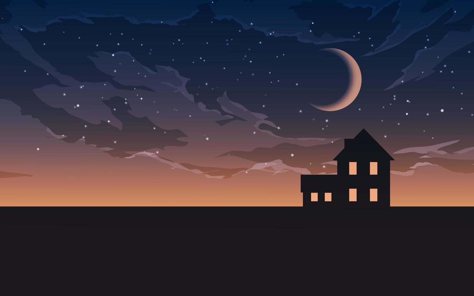 Beautiful night sky illustration with crescent moon and house vector