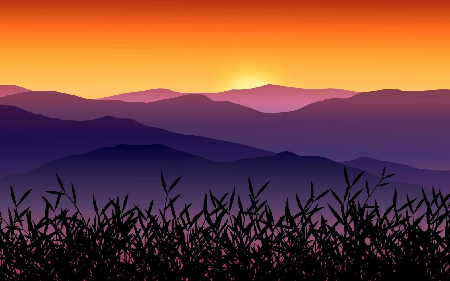 Grassy mountain at sunrise, foggy mountain illustration vector