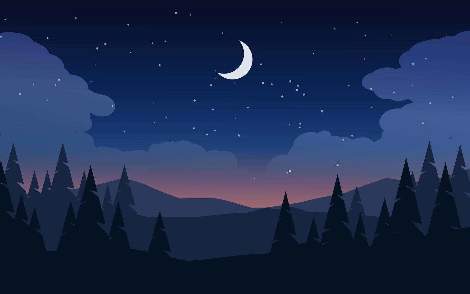 Beautiful calm night in mountain forest with moon and stars vector