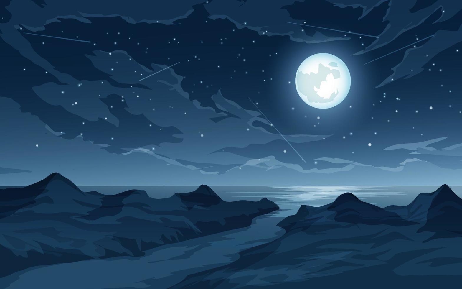 Ilustración nocturna con luna llena, estrellas, estrellas fugaces, nubes, mar y río. vector