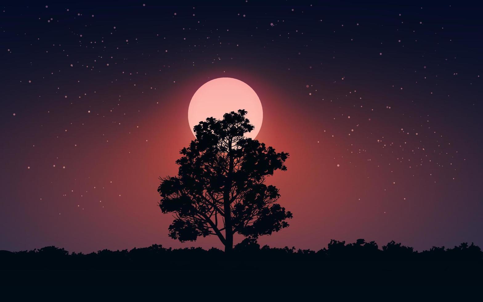 luna llena sobre árbol solitario en silueta vector