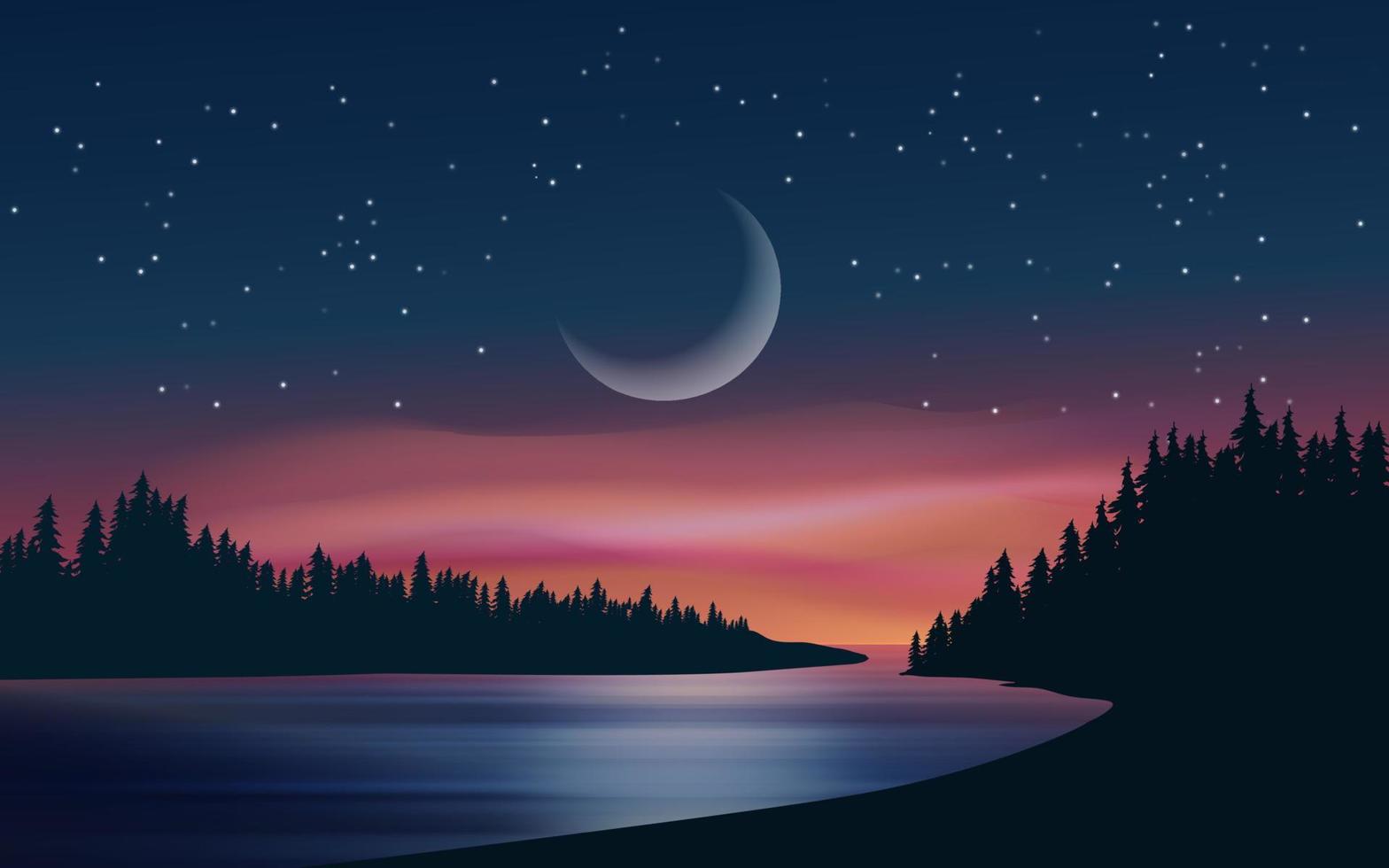 espectacular paisaje nocturno con luna creciente, lago y pinos vector