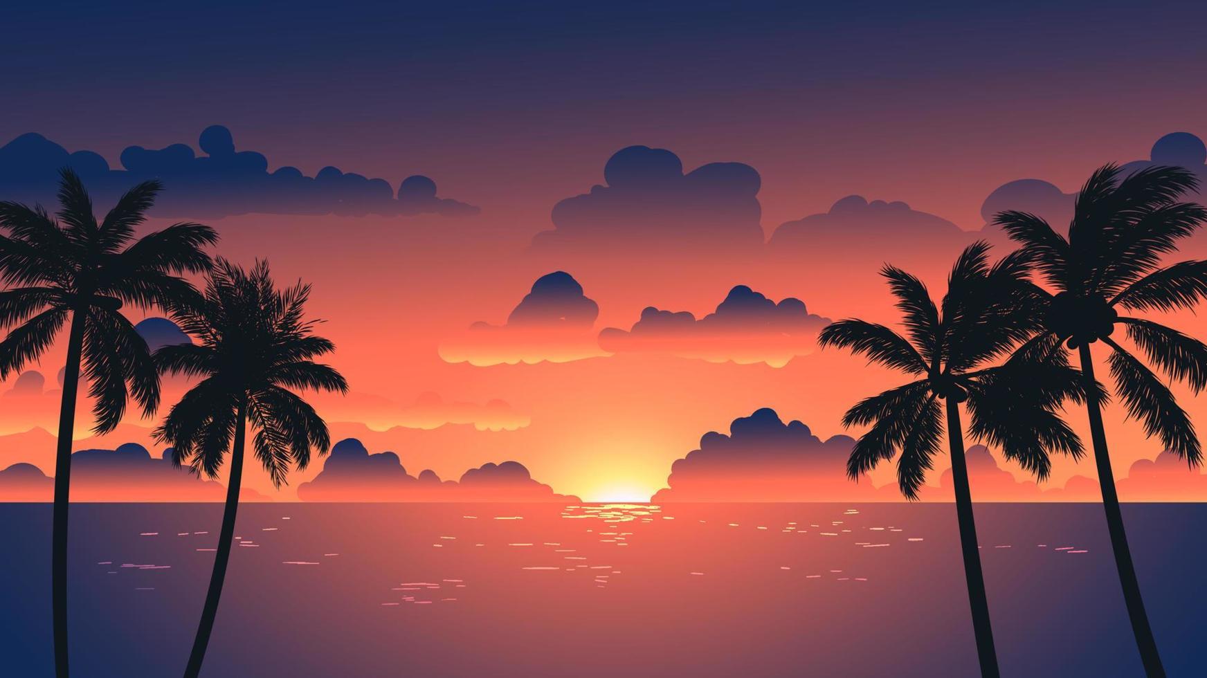 puesta de sol en la playa con cielo naranja vector