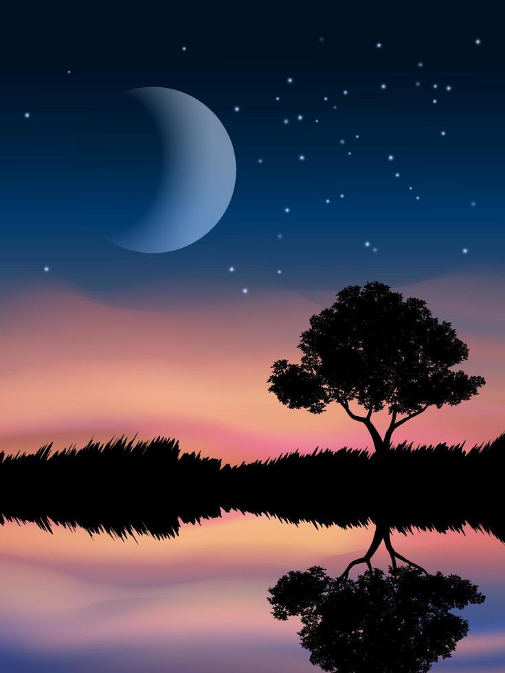 hermosa vista nocturna con árbol, lago y luna vector