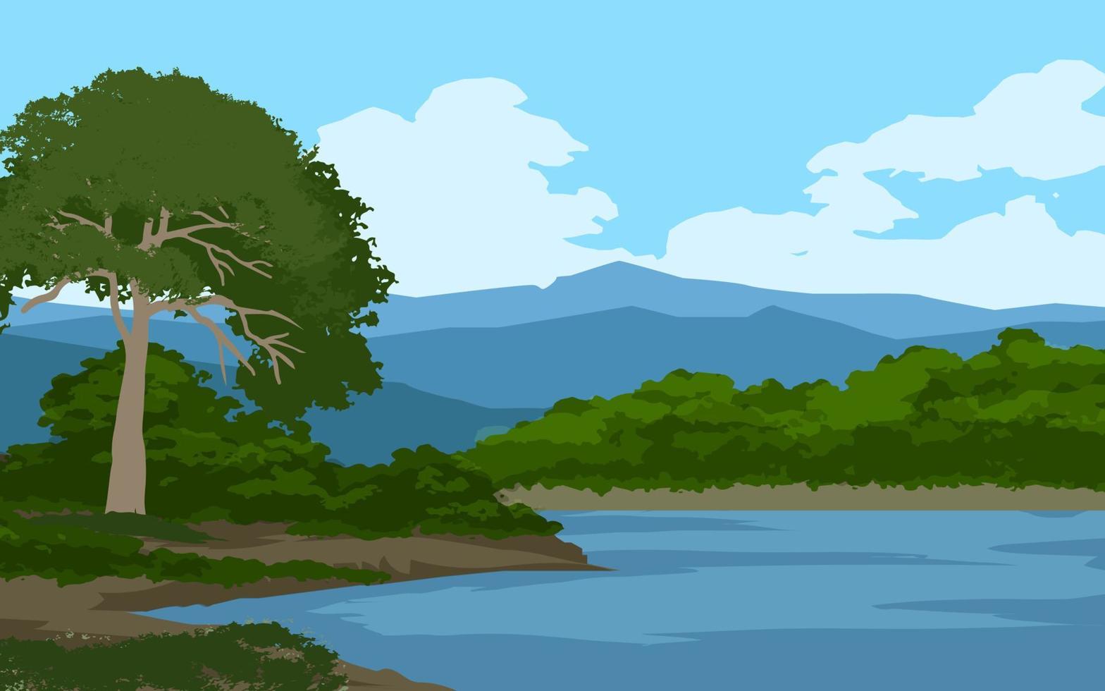 Beautiful rural forest with river and mountain vector