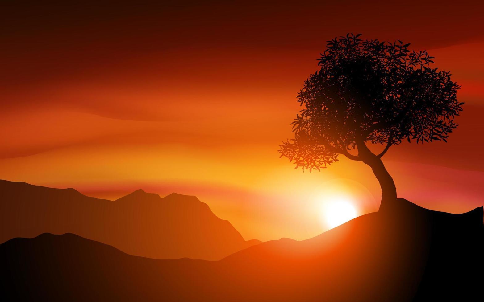 Tree sunset landscape with red glowing sky vector