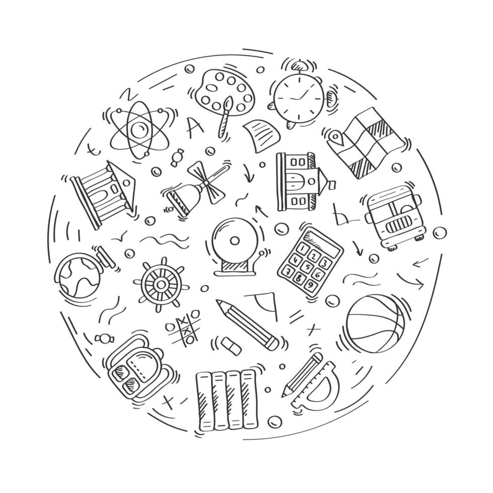 Set of doodle linear icons of education and School. Geography,globe,calculator,university,chemistry,bus,geometry. Linear vector set