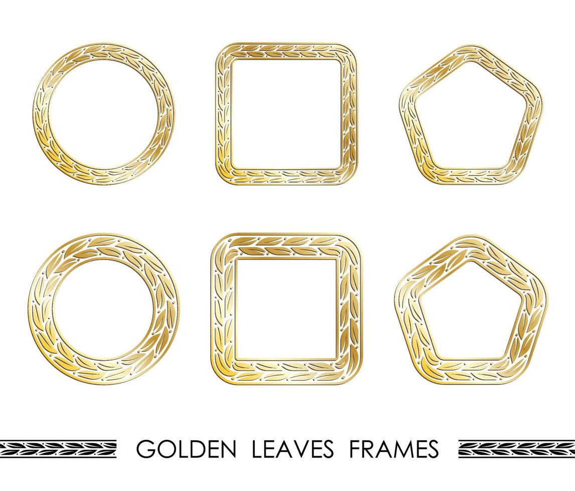 Set of golden LEAVES round and square frames for decorative headers. Golden floral ornaments isolated on white background. Vector