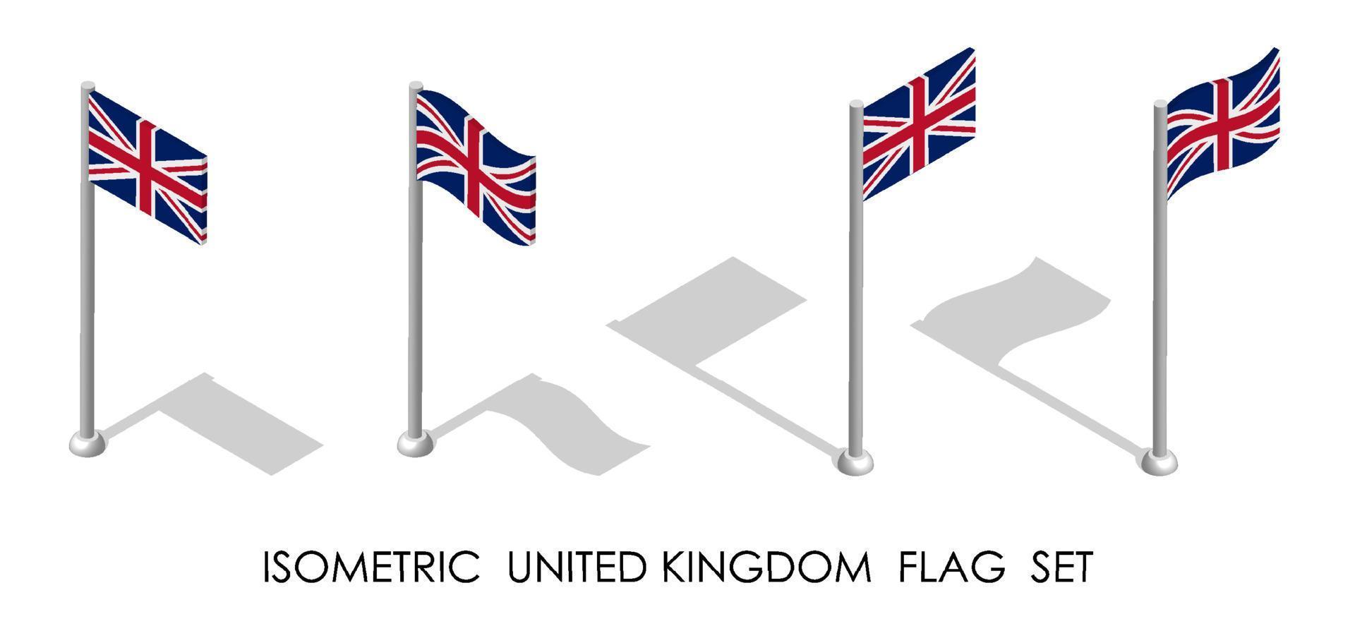 bandera isométrica del reino unido de gran bretaña e irlanda del norte en posición estática y en movimiento en el asta de la bandera. Vector 3d