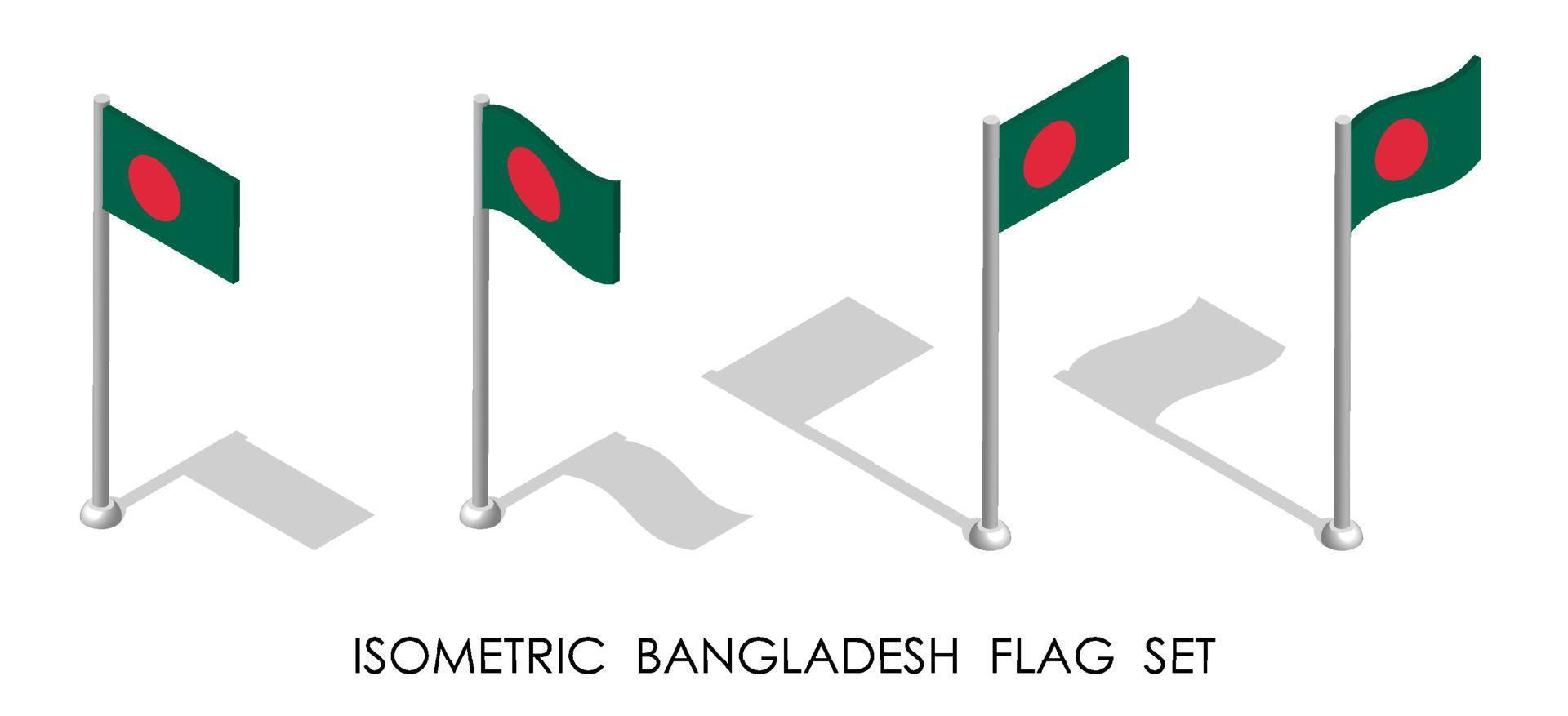 bandera isométrica de la república de bangladesh en posición estática y en movimiento en el asta de la bandera. Vector 3d