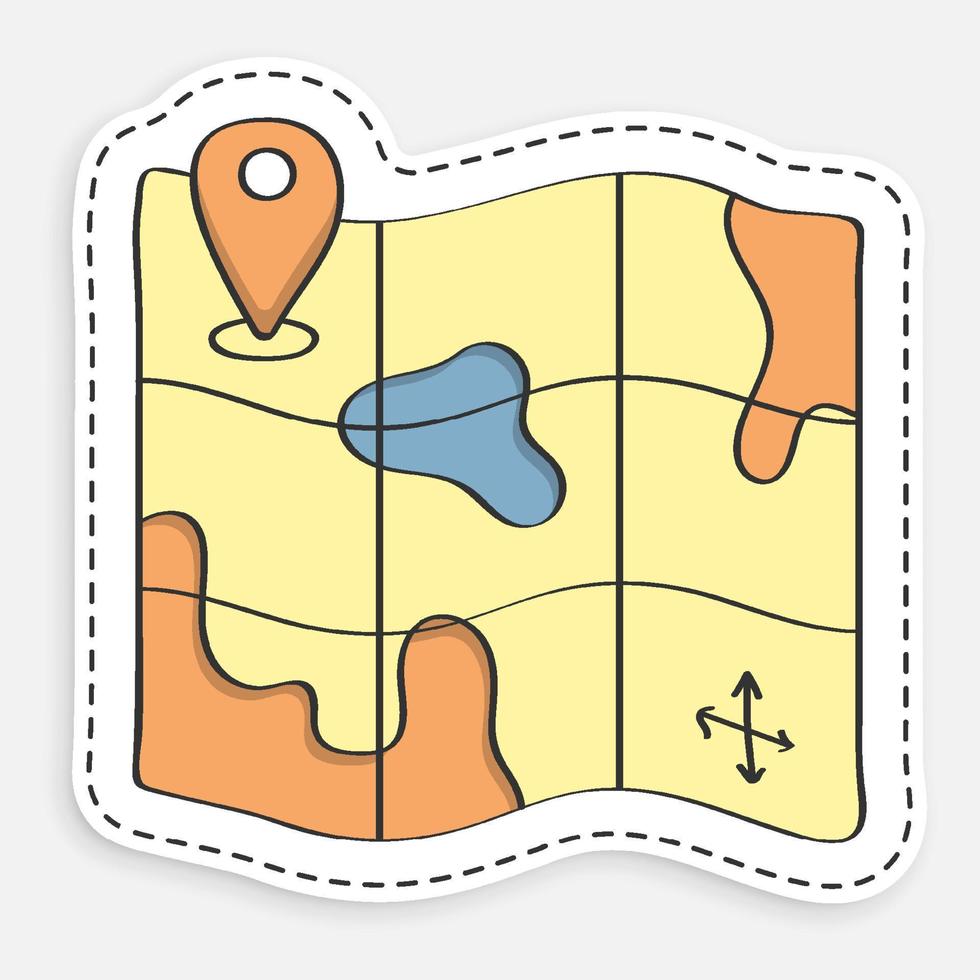 icono de dibujos animados de mapa de doodle con marca de punto de control. navegación en mapa de papel mediante sistema gps. vector aislado sobre fondo blanco