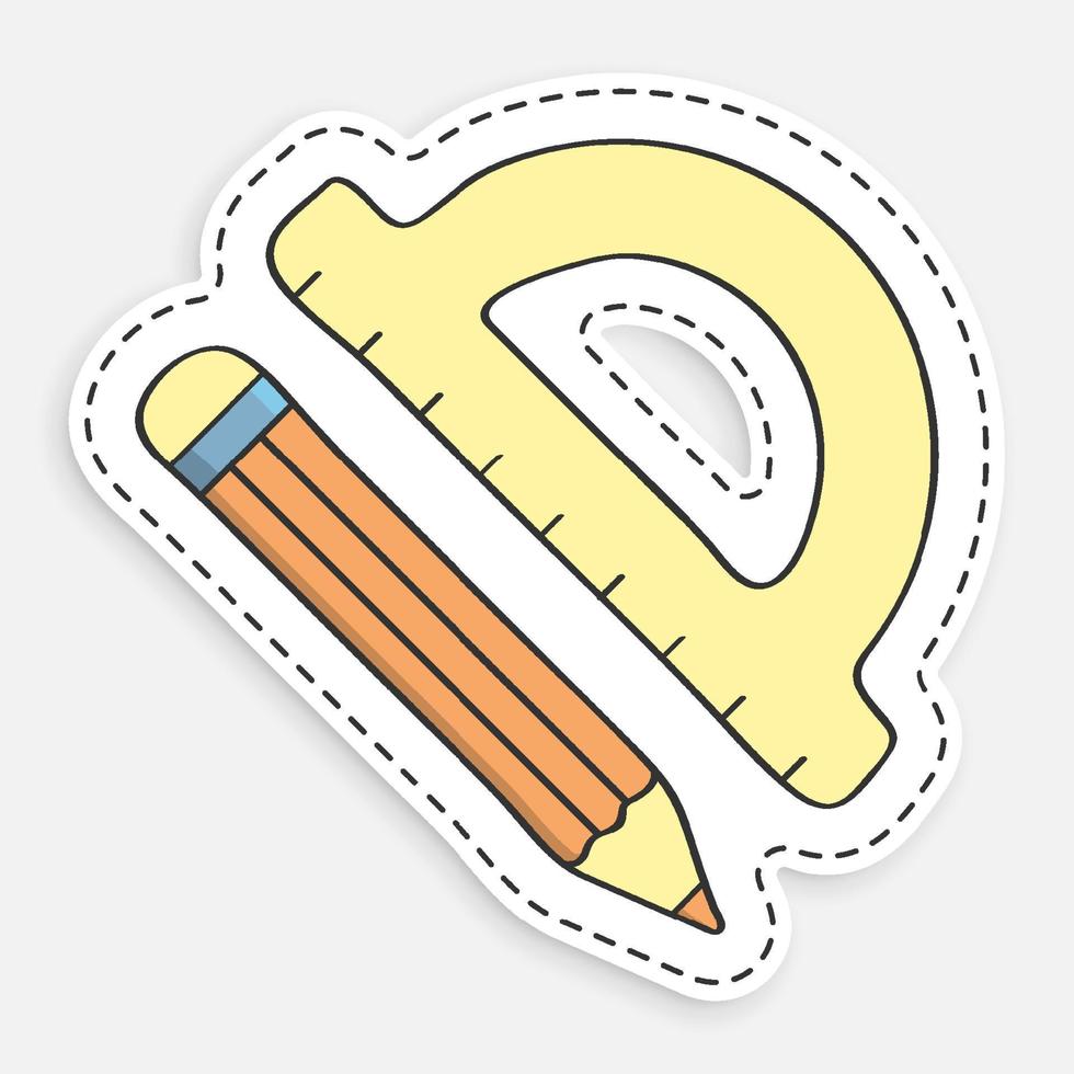 cartoon icon of doodle Pencil and school protractor, ruler for sketching in geometry lessons. Vector isolated on white background