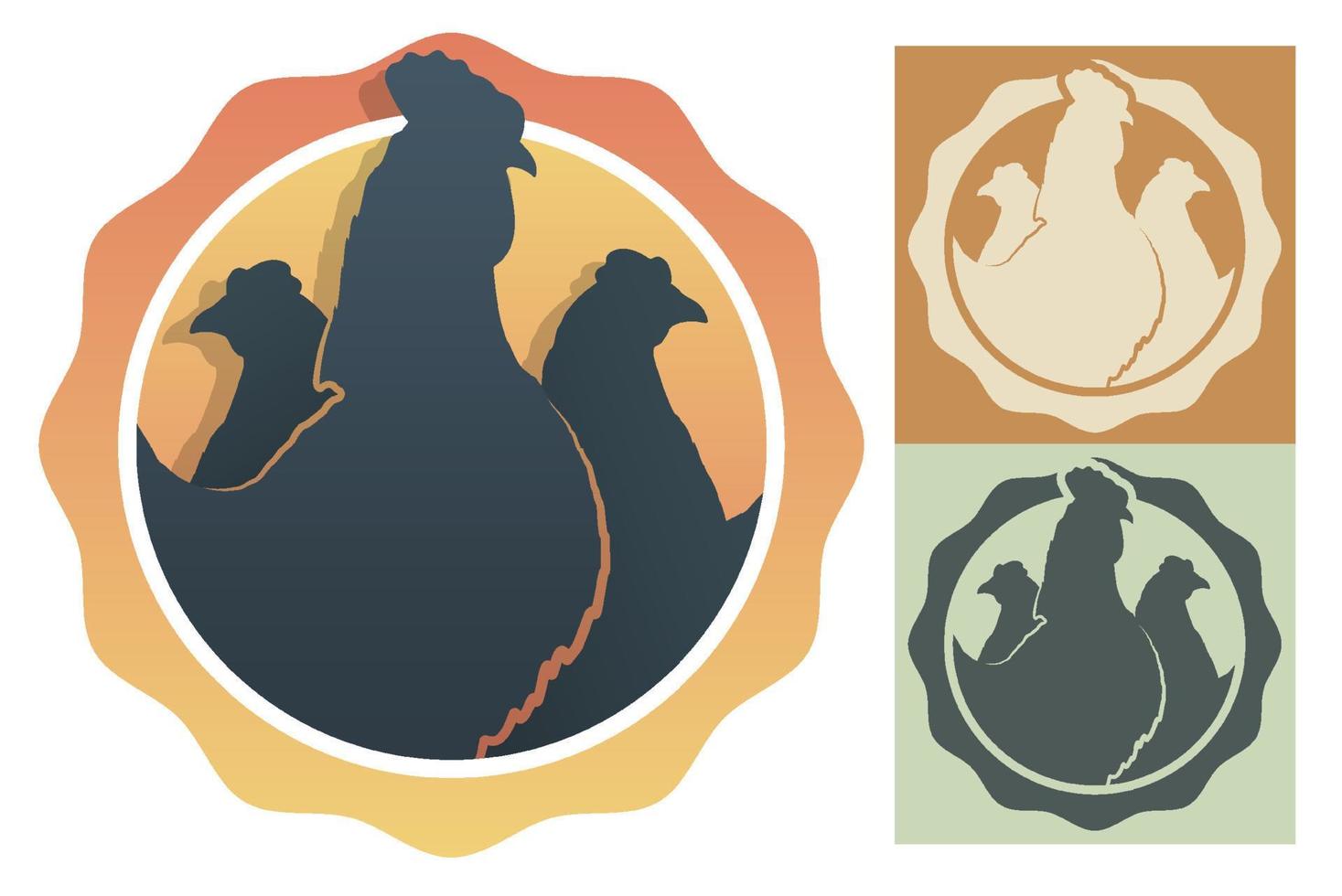 Silhouettes of rooster and chickens inside circle. Embelm, badge for farm or organic chicken plant. Farm bird. Vector isolated on white background