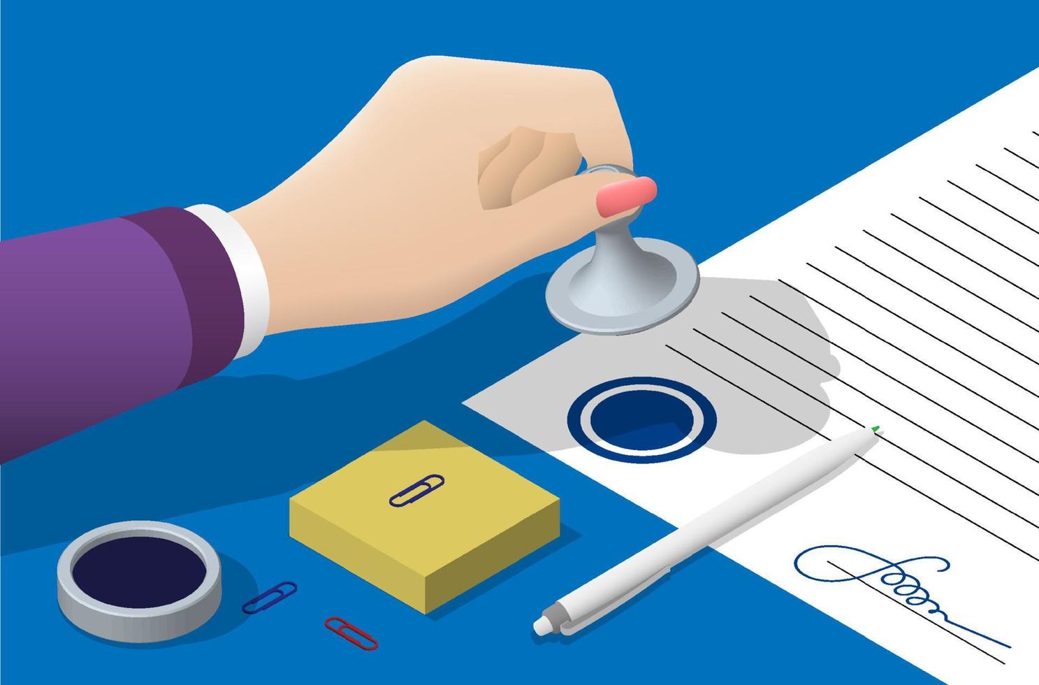 Isometric Concept. Hand of business woman puts stamp on document, long term agreement. Conclusion of certification by signature and seal. Realistic Vector